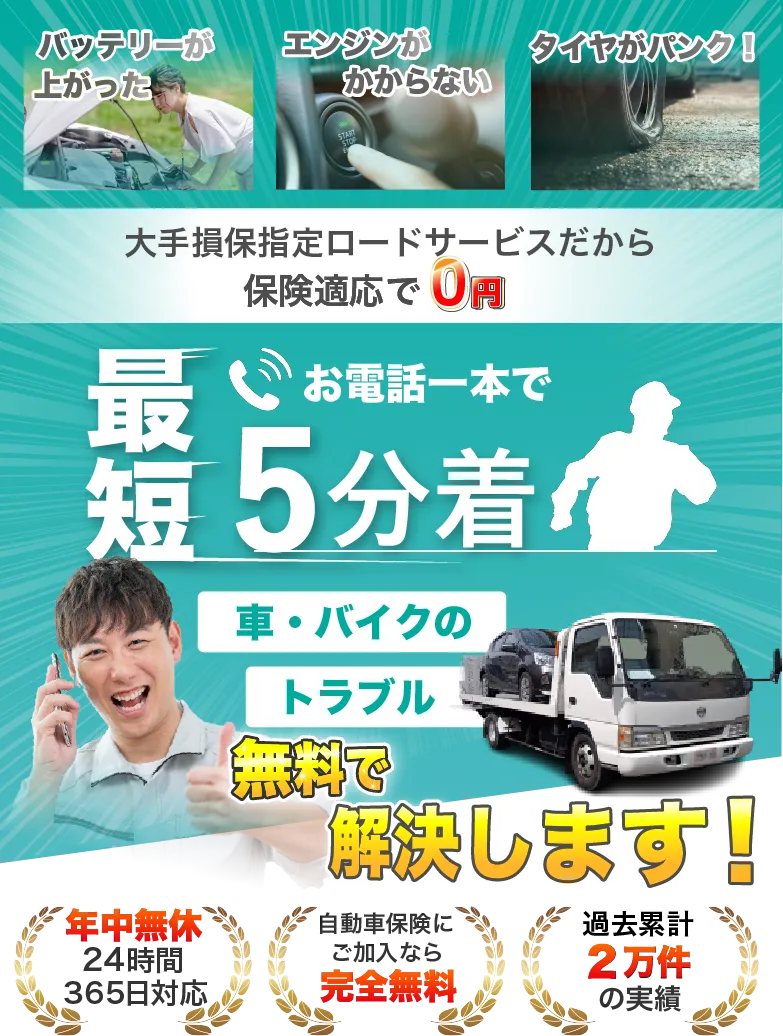 大手損保指定のレッカーサービスだから無料でご対応いたします！お電話1本で最短5分着！無料レッカー対応